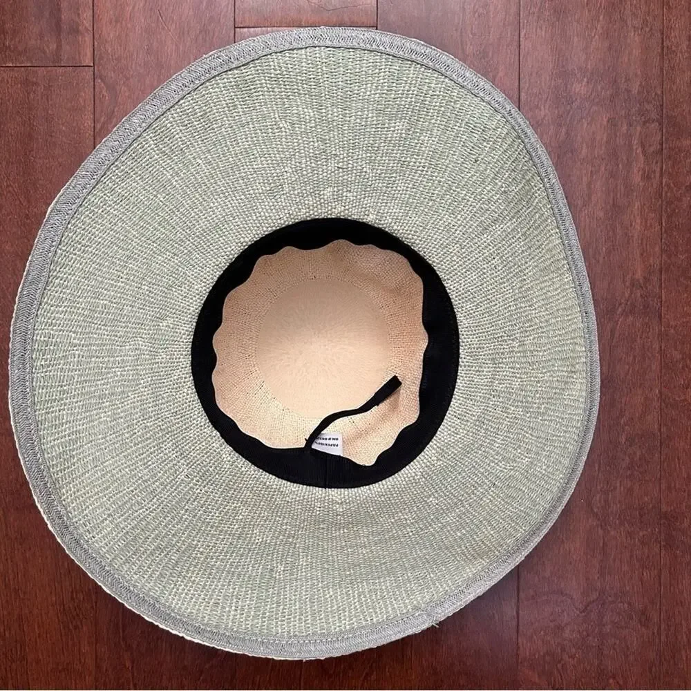 C.C 100% Paper Wide Brim TwoToned Hat, Raffia Flowers on Gray Band Cream & Green